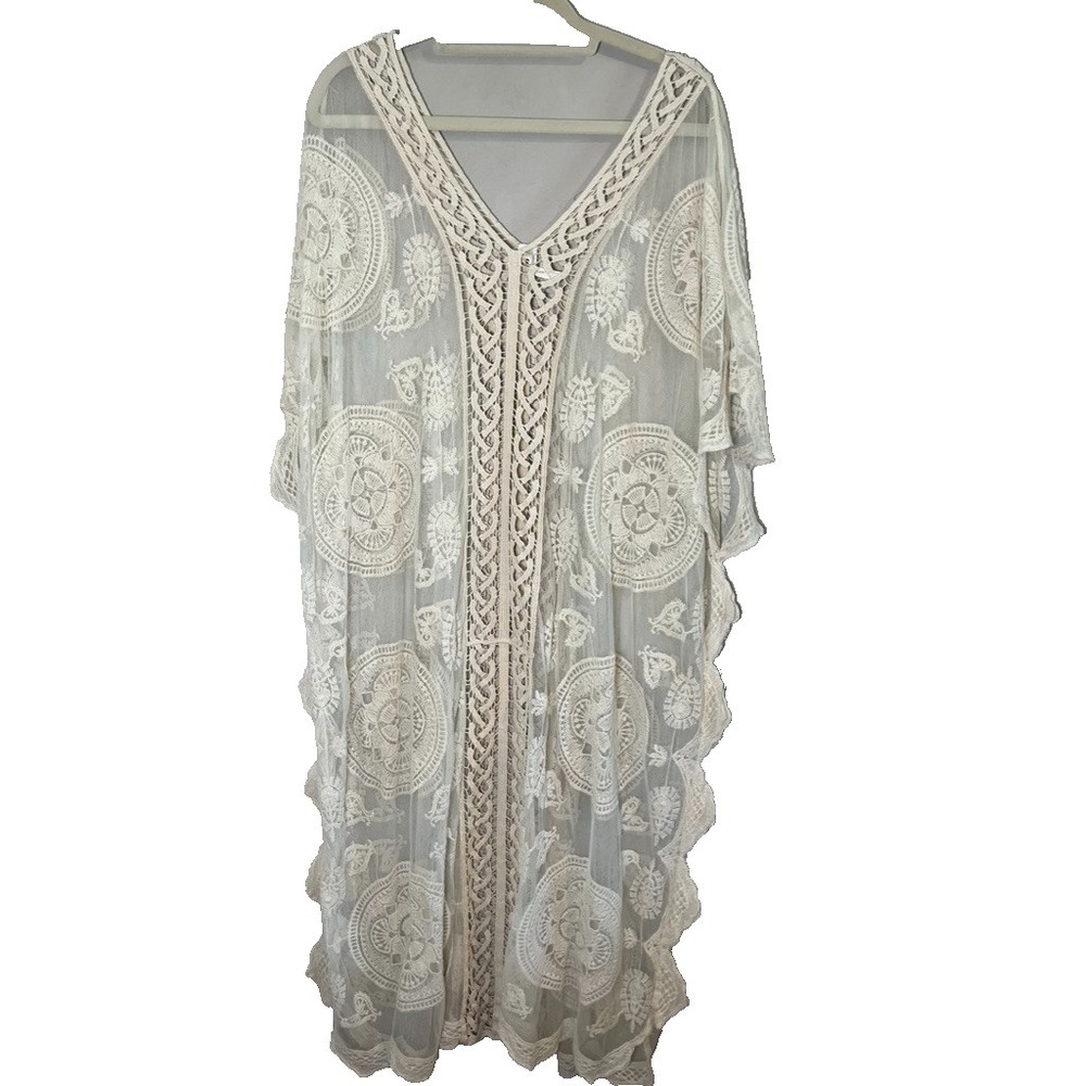 Neutral Floral Mesh Crochet Maxi‎ Dress OS Boho Indie Folk Peasant Euro Cottage